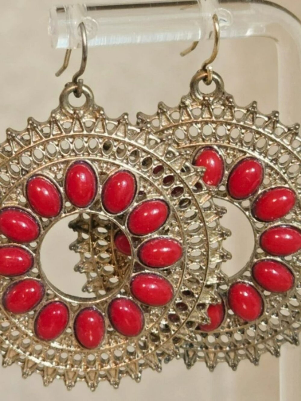 Vintage Boho Red Cabochon Filigree Drop Earrings, Gold Tone